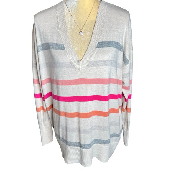 Loft Long V-neck Sweater Size Large Oversized Off White Multicolor Stripes Soft - Picture 1 of 4